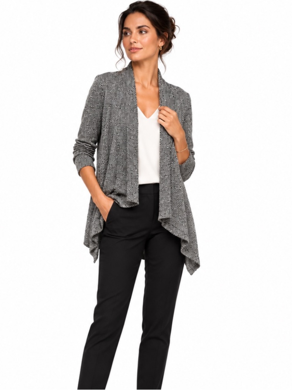 NWT Club Monaco Textured Knit Waterfall Cardigan Jacket Gray Black White L